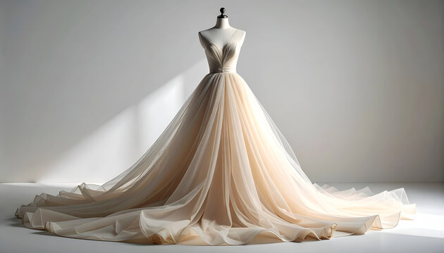 Elegant wedding gown, displayed on a mannequin, with flowing skirt and bodice detail