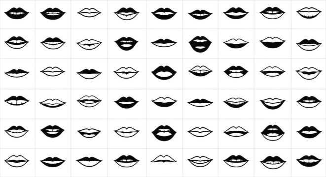 A diverse collection of stylized lip shapes and expressions is presented in a striking black silhouette high quality professional detailed modern