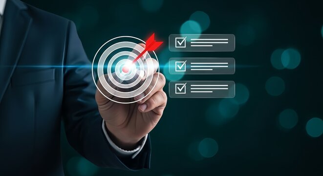 A businessman in a suit is pointing at a target with a red arrow and checkboxes on a dark background with blue lights.