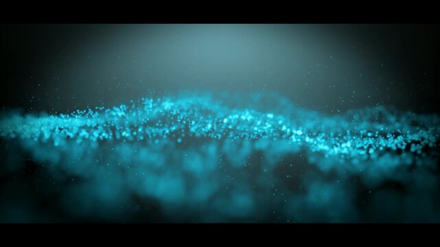 Technology digital wave background concept. Beautiful motion waving dots texture with glowing defocused particles. Cyan Cinematic background