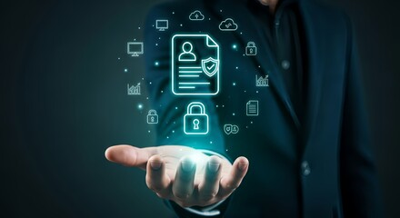 Fototapeta premium A businessman holding a glowing digital document with security icons floating above his hand