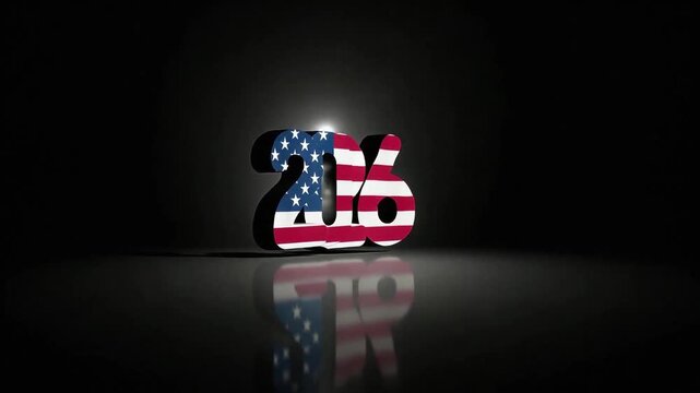 Large bold digits forming 2026 filled with American flag pattern of blue stars and red white stripes centered on solid black background.