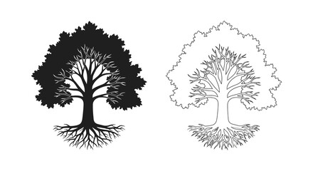 Two contrasting tree depictions one solid black and one line art showcase botanical forms in a striking silhouette high quality professional © sakib