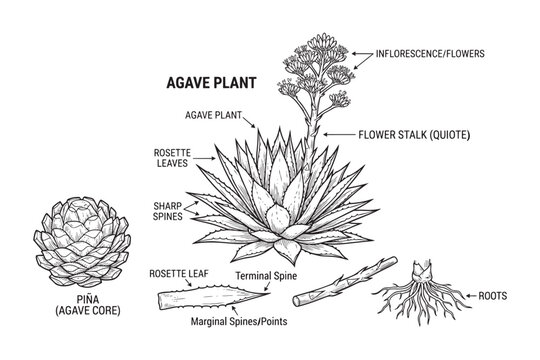 Detailed vector illustration of agave plant with labeled parts like pi&ntilde;a rosette leaves and roots