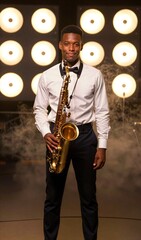 Fototapeta premium Saxophonist Performing on Stage with Jazz Vibes Professional