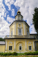 Fototapeta premium Church of St. John the Evangelist and St. Andrew in Ostashkov, Tver region, Russia, panoramic vertical view of an old orthodox landmark