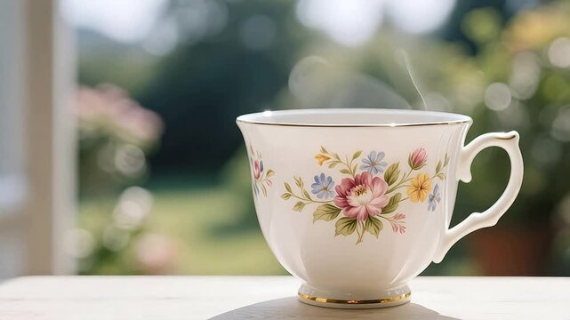 Floral teacup on table with garden view