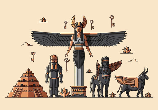 Ancient Mesopotamian Mythology Illustration with Winged Goddess Ishtar, Lamassu, Ziggurat, and Sumerian Deities