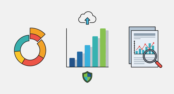 Data Analysis and Cloud Computing with Business Report and Security Icons in Bright Studio
