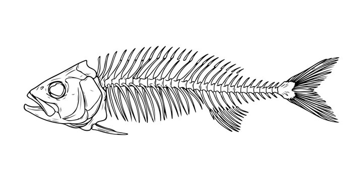 Fishbone line art vector illustration on white background ,Hand drawn outline black and white of a fish skeleton, showcasing its intricate bone structure