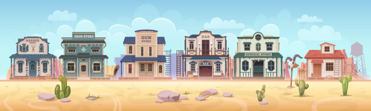Western town building landscape or Wild West cowboy salon, houses, vector cartoon background. Western town or old American country scene with bank or gun store and saloon bar of Texas village houses