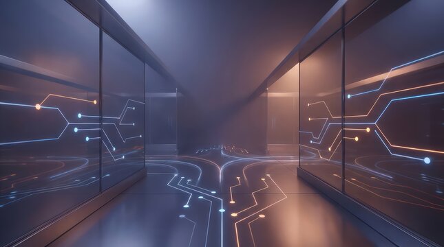 Abstract enterprise decision corridor with glowing signal paths and monitored route structure for technology strategy data systems network security and future business planning background