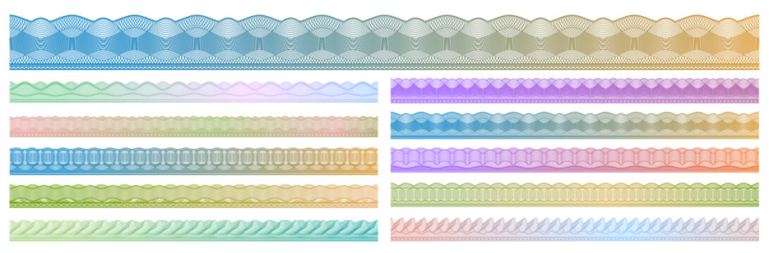 Rainbow security guilloche border frames and dividers, money currency watermark line ornament. Intricate security borders with circles, and spiral motifs. Vector dividers for document borders