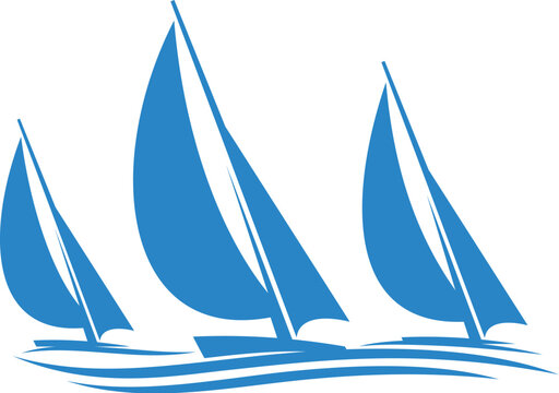 Sail yachts on regatta icon for yachting sport club with sailboats on waves, vector badge. Three yachts sailing on ocean or sea waves, blue silhouettes symbol for marine or nautical sport club