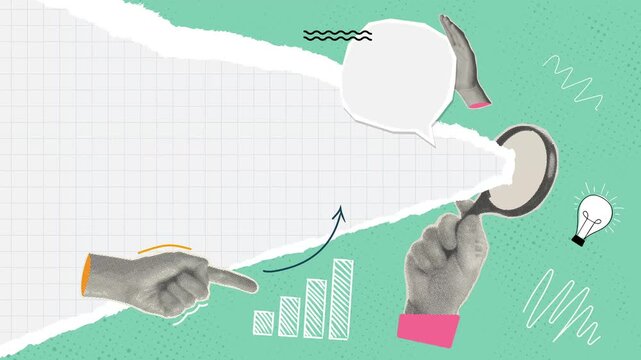 Trendy pop art halftone collage search business concept. Cut out hand with magnifying glass.