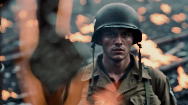Helmeted soldier stands amid fire and smoke, with blurred flames behind him and tactical gear visible on his chest.