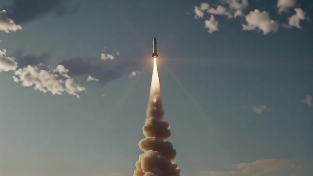 A rocket launches vertically from a desert site, leaving a bright exhaust plume and massive dust clouds under a clear sky.