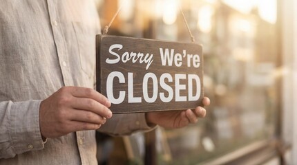 Person holding a 'Sorry we're CLOSED' wooden sign in front of a shop.