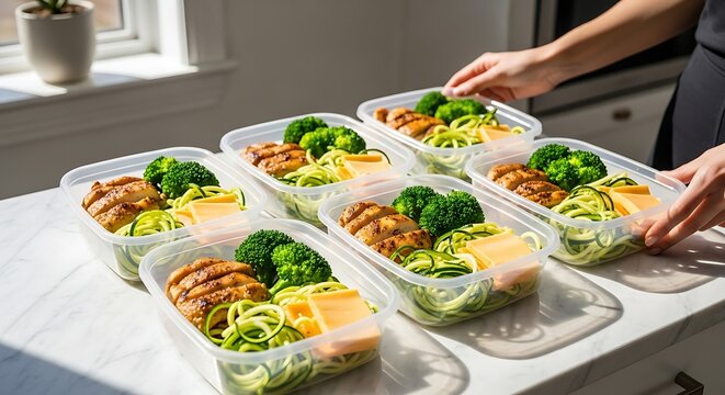 Row of plastic meal prep boxes filled with nutritious chicken and spiralized zucchini.
