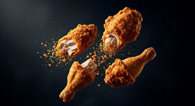 Crispy fried chicken pieces flying in air with crumbs.