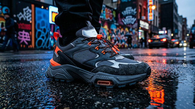 Men's grey and orange athletic shoes on rainy city pavement with bokeh background.
