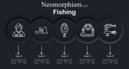 Fishing set icon. Neomorphic dark interface circles with line symbols of fisherman hat vest, angler boat rod, hanging fish scale weight, tackle bag box, fishing lure bait © Anastasia