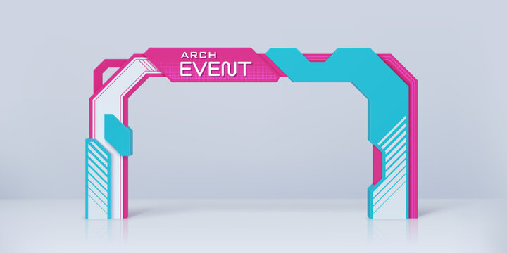 Exhibition event arch gate and modern entrance gateway portal frame, vector mockup. Event gate tall cyan pillars and bold magenta header slab for exhibition entrance gate to expo show welcome gateway