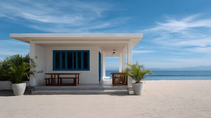 Fototapeta premium A minimalist white beach cafe with blue overlooks the serene ocean on a sunny day
