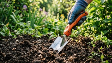 Fototapeta premium Gardener's hand wearing glove using orange handled trowel to dig into rich soil for planting