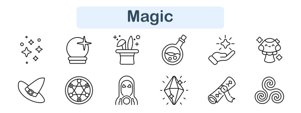 Magic set icon. Sparkles, crystal ball, magician hat, potion bottle, wand hand, witch hat, spell circle, hooded figure, crystal, scroll, mystical objects, fantasy magic line icons