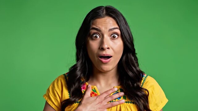 A woman with dark wavy hair and expressive eyes gasps in surprise, covering her mouth with her hand against a solid green background