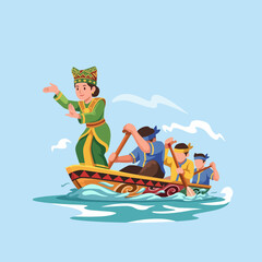 A vibrant illustration depicting a group of rowers led by a traditional figure on a scenic river, representing cultural heritage and teamwork in a harmonious aquatic environment. © Miaochan