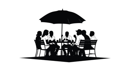 A group of people seated at a table under an umbrella depicted in a striking black silhouette high quality professional detailed © hasib