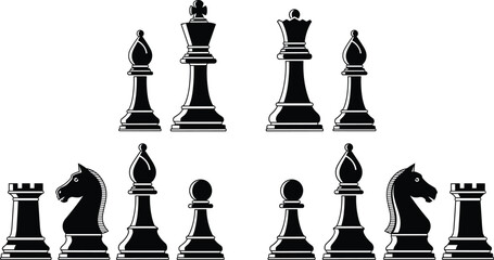 Black chess pieces set, strategy game concept, monochrome illustration, king queen bishop knight rook pawn arrangement isolated on white background © MDRAKIB