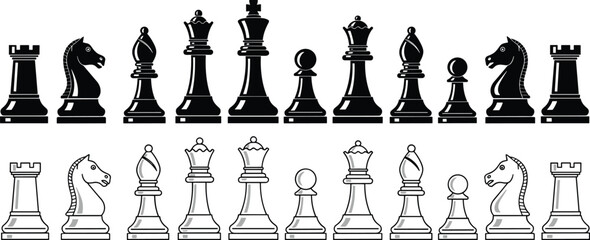 Chess pieces collection, black and white sets, king queen rook bishop knight pawn, strategy board game illustration, classic design elements © MDRAKIB