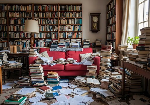 A cluttered room with a pink couch and many books
