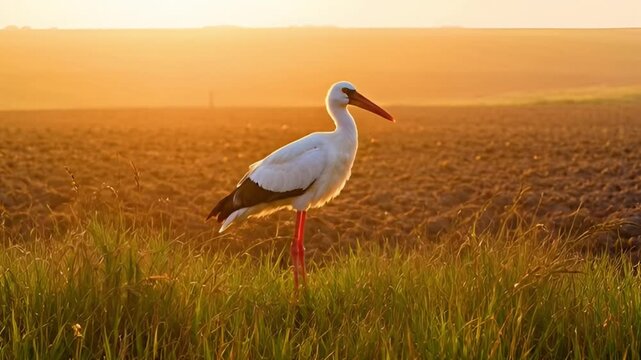 Stork silhouette in golden hour sunlight on a natural plain