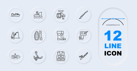 Fishing activity set icon. Line style icons display motorboat, fishing rod action, reel device, skewer lure, fisherman catching, kayak paddle, rubber boots, electric reel, float bobber © Anastasia