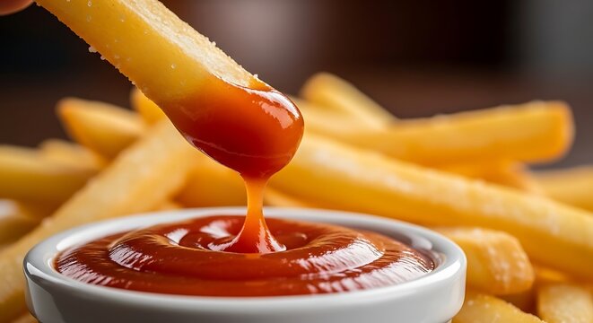French fry dipped in ketchup sauce with french fries background.