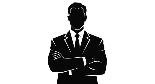 A faceless silhouette of a man in a sharp suit and tie stands with his arms crossed, conveying authority, professionalism, and business acumen on a plain background.