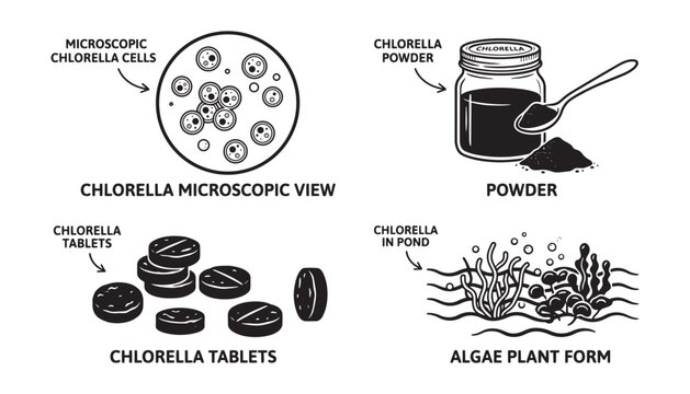 Chlorella algae microscopic view powder tablets pond form vector illustration