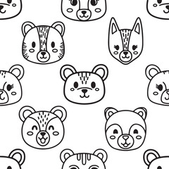 Fototapeta premium A delightful and whimsical seamless pattern featuring an array of adorable cartoon animal faces, perfect for children's designs, textiles, and playful backgrounds with a charming aesthetic