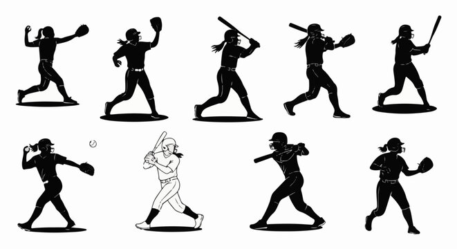 Silhouettes of women playing softball in various actions