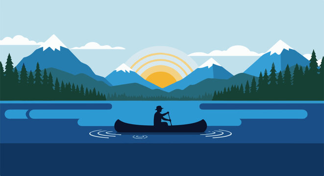 Silhouette of person in canoe paddles on a serene lake with mountains and sun