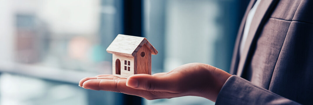 A professional hand gently holds a miniature wooden house model in an indoor office setting symbolizing real estate investment and home ownership drea