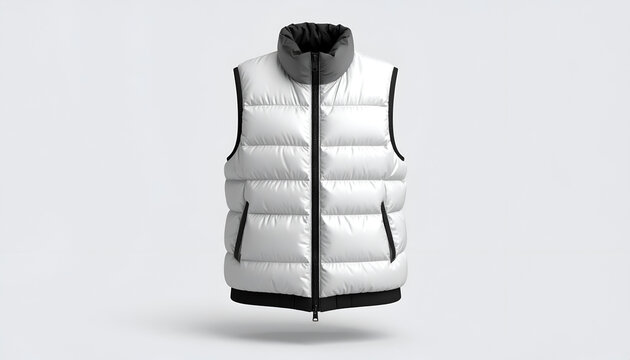 Padded, white puffer vest with black trim and a gray collar, floating on white background