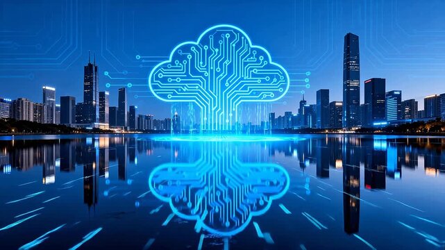 City skyline with glowing circuit tree