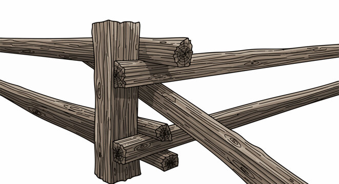 Rustic wooden fence with rough-hewn logs and notched joints, isolated on white