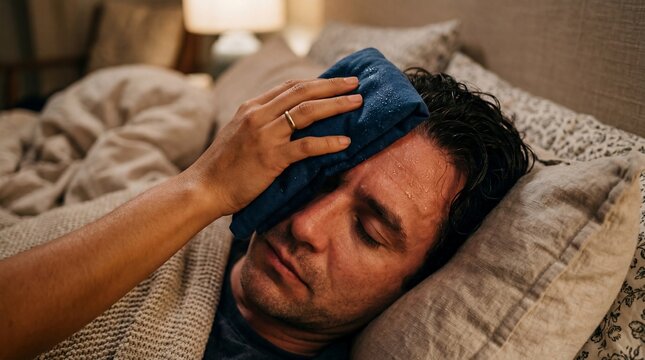 Close-up of a Hand Applying a Cold Compress to a Forehead Representing Fever Relief, Headache Treatment, and Recovery Care