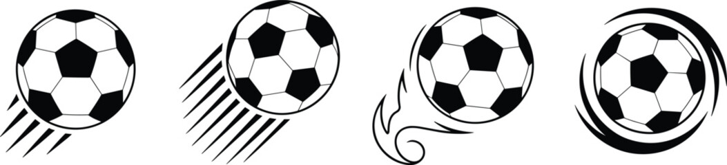 Fototapeta premium Four Black and White Soccer Ball Icons with Stylized Motion on White Background football